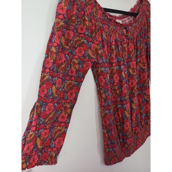 Lucky Brand Long Sleeve Top Small Womens Boat Neck Red Floral Print Pullover - Picture 3 of 8